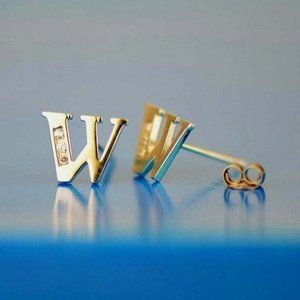 Solid 14k Yellow Gold Initial Letters Stud Earrings Sparkling White Stones W